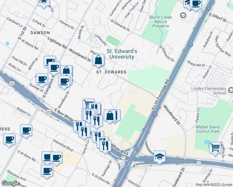 map of restaurants, bars, coffee shops, grocery stores, and more near 4315 Woodward Street in Austin
