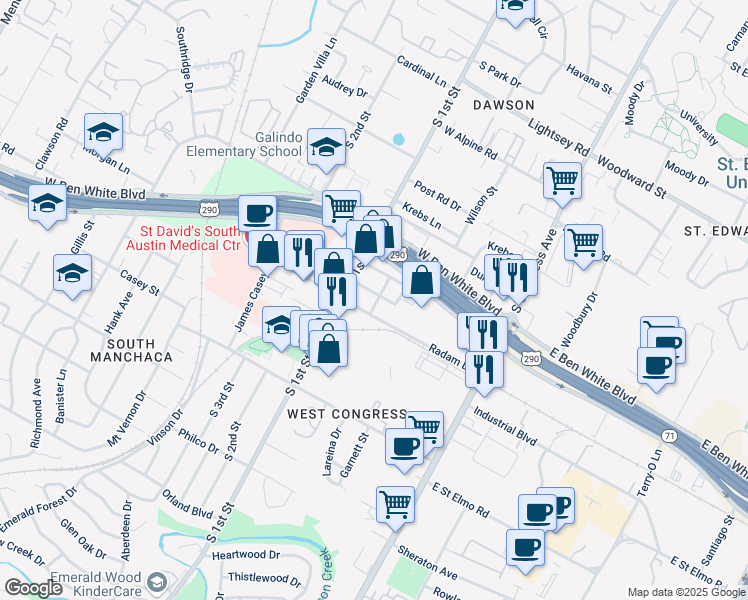 map of restaurants, bars, coffee shops, grocery stores, and more near 503 Radam Lane in Austin