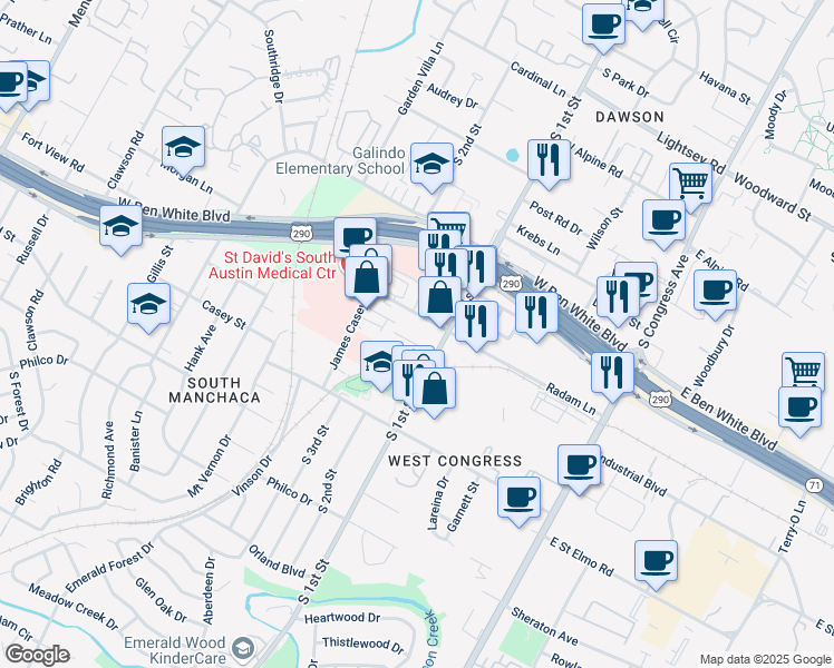map of restaurants, bars, coffee shops, grocery stores, and more near in Austin