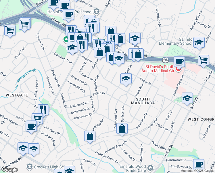 map of restaurants, bars, coffee shops, grocery stores, and more near 4505 Banbury Bend in Austin