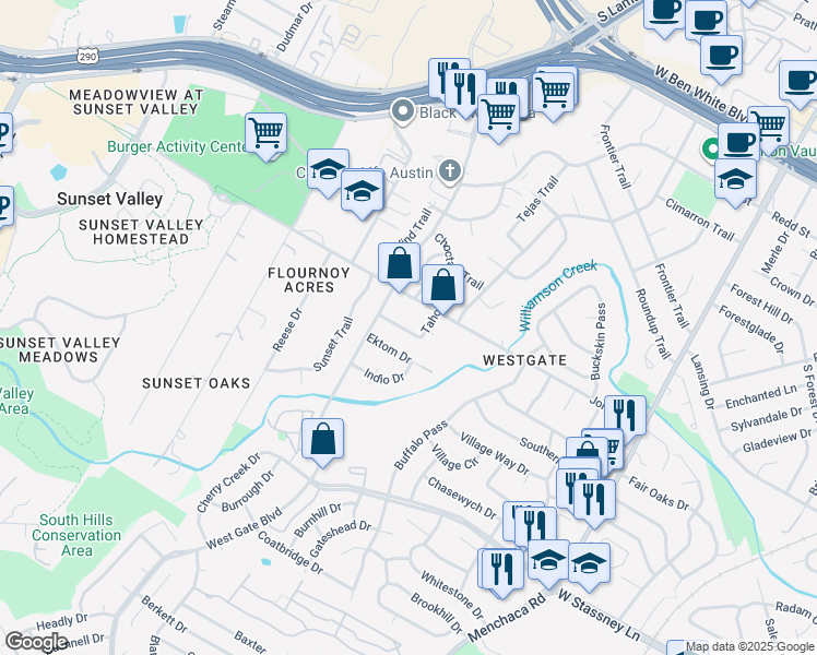 map of restaurants, bars, coffee shops, grocery stores, and more near 5207 Tahoe Trail in Austin