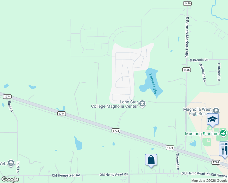 map of restaurants, bars, coffee shops, grocery stores, and more near 42520 Farm to Market 1774 in Magnolia