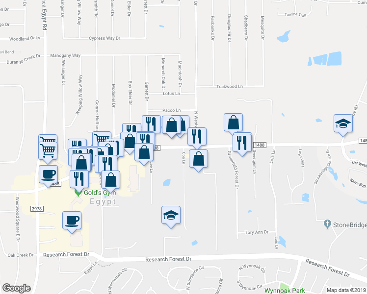 map of restaurants, bars, coffee shops, grocery stores, and more near 5715 Farm to Market Road 1488 in The Woodlands