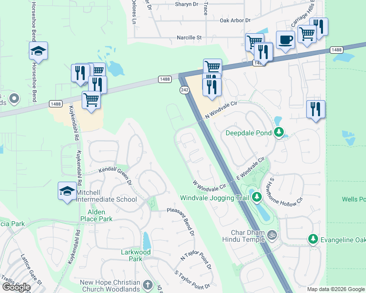 map of restaurants, bars, coffee shops, grocery stores, and more near 15 Marble Rock Place in Spring