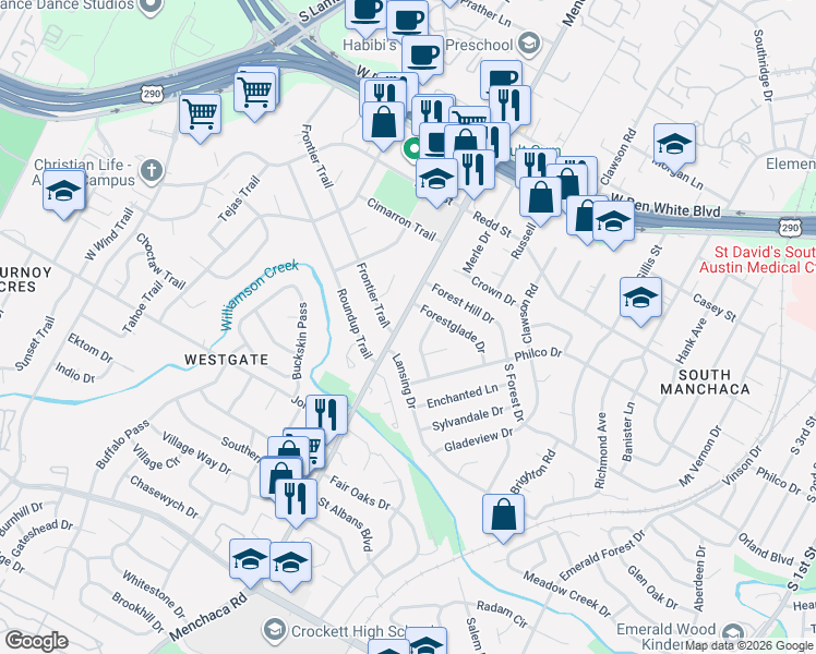 map of restaurants, bars, coffee shops, grocery stores, and more near 4711 Everglade Drive in Austin