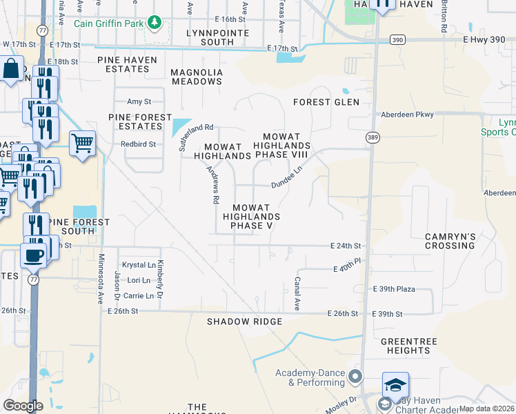 map of restaurants, bars, coffee shops, grocery stores, and more near 1305 Sutherland Court in Lynn Haven