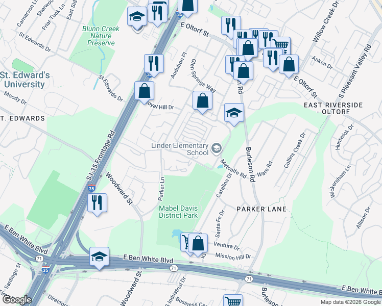 map of restaurants, bars, coffee shops, grocery stores, and more near 1925 Warely Lane in Austin