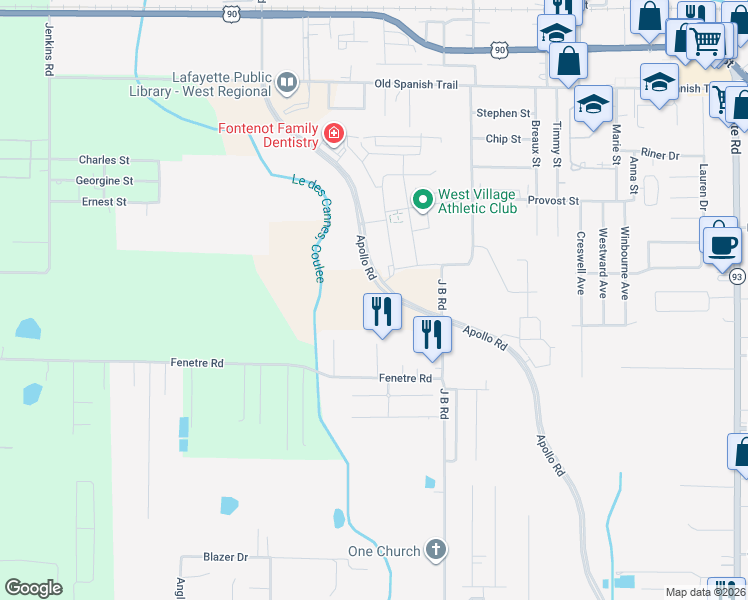 map of restaurants, bars, coffee shops, grocery stores, and more near 600 Blk L Provost Road in Scott