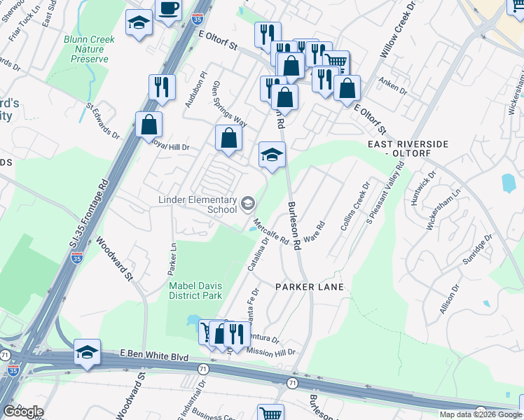 map of restaurants, bars, coffee shops, grocery stores, and more near 2817 Metcalfe Road in Austin