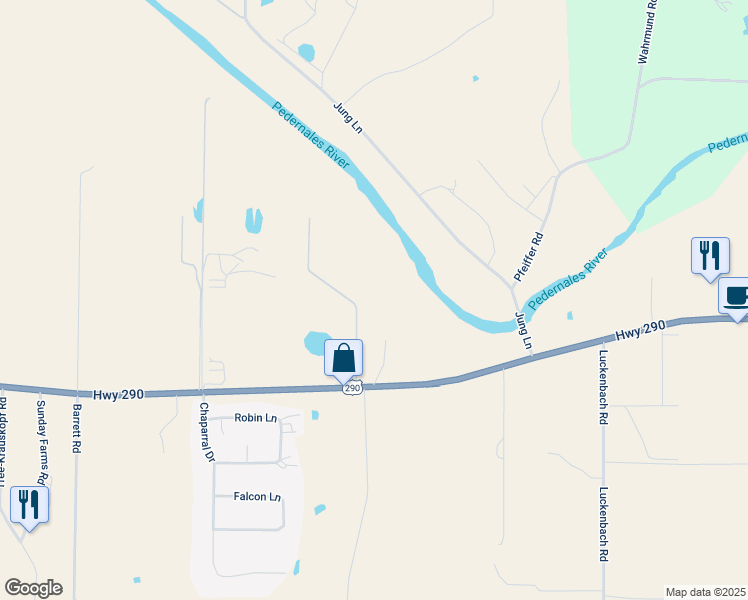 map of restaurants, bars, coffee shops, grocery stores, and more near 320 Happy Trail in Fredericksburg