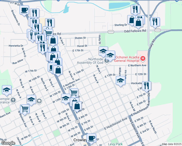 map of restaurants, bars, coffee shops, grocery stores, and more near 526 East 14th Street in Crowley