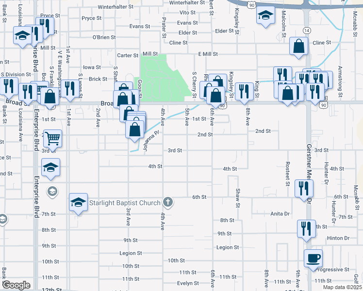 map of restaurants, bars, coffee shops, grocery stores, and more near 2014 2nd Street in Lake Charles
