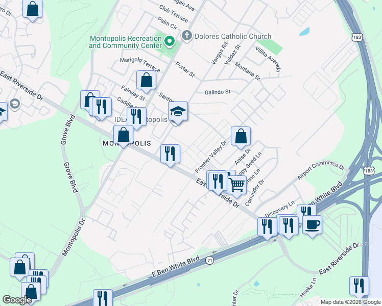 map of restaurants, bars, coffee shops, grocery stores, and more near 6800 Idea Road in Austin