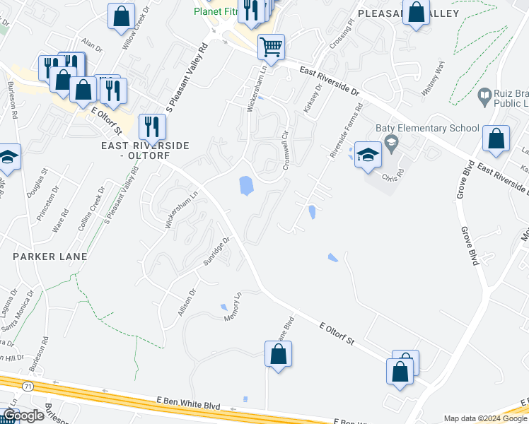 map of restaurants, bars, coffee shops, grocery stores, and more near 4900 East Oltorf Street in Austin