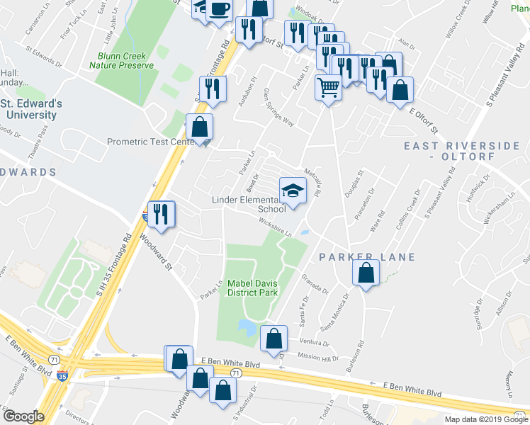 map of restaurants, bars, coffee shops, grocery stores, and more near 1925 Warely Lane in Austin