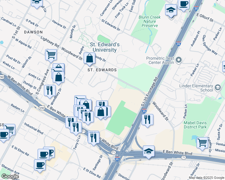 map of restaurants, bars, coffee shops, grocery stores, and more near 701 Woodward Street in Austin