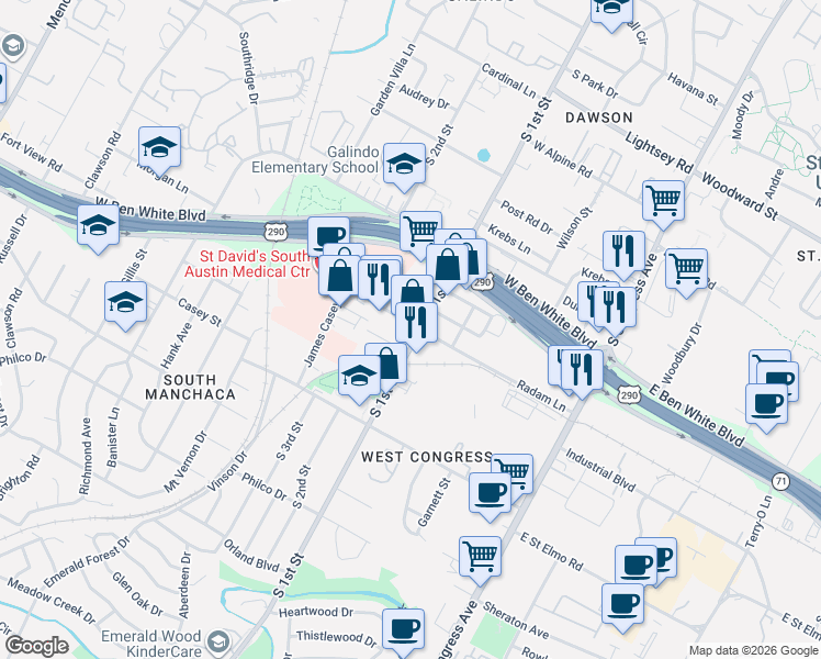 map of restaurants, bars, coffee shops, grocery stores, and more near 608 Radam Lane in Austin