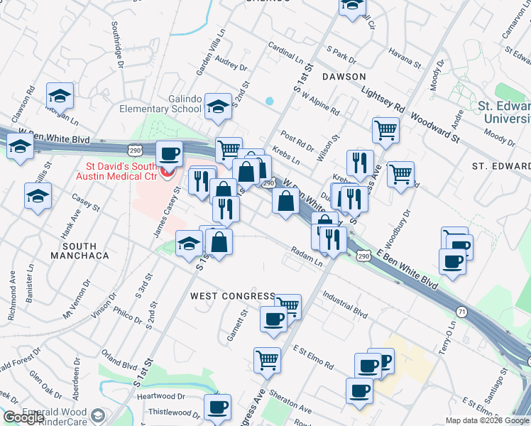 map of restaurants, bars, coffee shops, grocery stores, and more near 429 West Ben White Boulevard in Austin