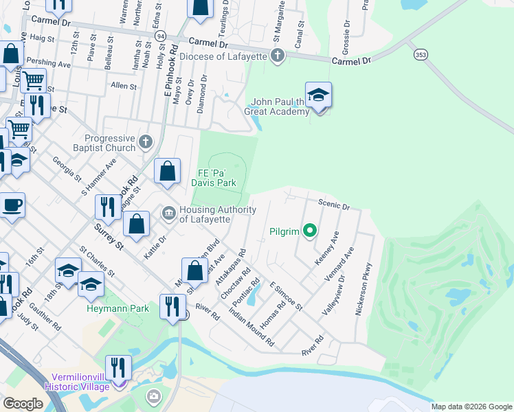 map of restaurants, bars, coffee shops, grocery stores, and more near 406 Attakapas Road in Lafayette
