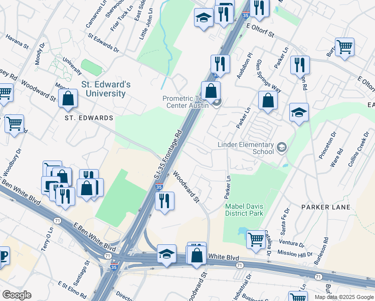 map of restaurants, bars, coffee shops, grocery stores, and more near 3411 South Interstate 35 Frontage Road in Austin