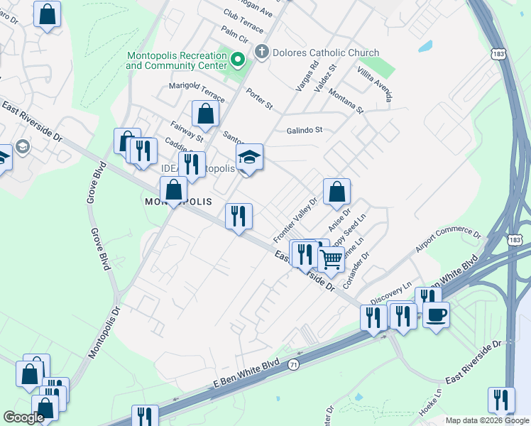 map of restaurants, bars, coffee shops, grocery stores, and more near 6800 Idea Road in Austin
