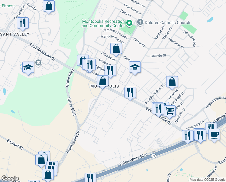 map of restaurants, bars, coffee shops, grocery stores, and more near 1905 Montopolis Drive in Austin