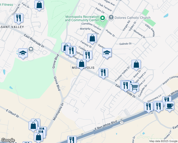 map of restaurants, bars, coffee shops, grocery stores, and more near 1905 Montopolis Drive in Austin