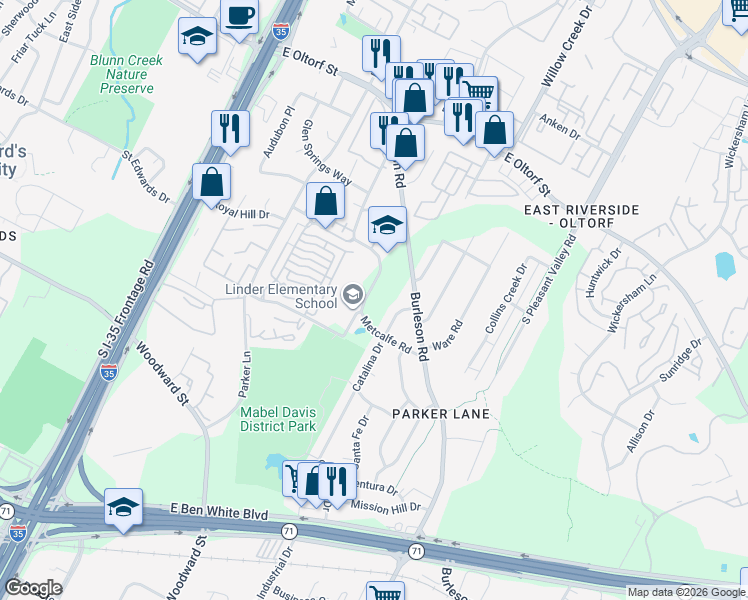 map of restaurants, bars, coffee shops, grocery stores, and more near 2817 Metcalfe Road in Austin