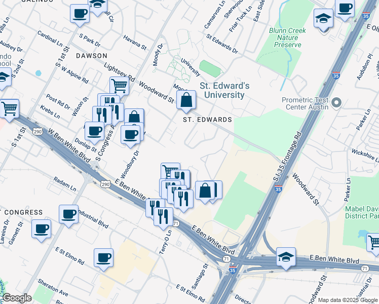 map of restaurants, bars, coffee shops, grocery stores, and more near 3449 Willowrun Drive in Austin