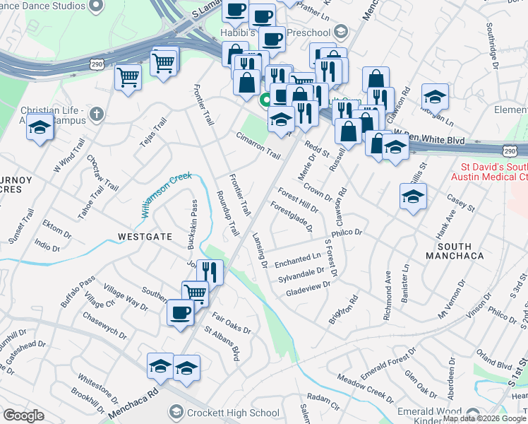 map of restaurants, bars, coffee shops, grocery stores, and more near 1904 Forestglade Drive in Austin