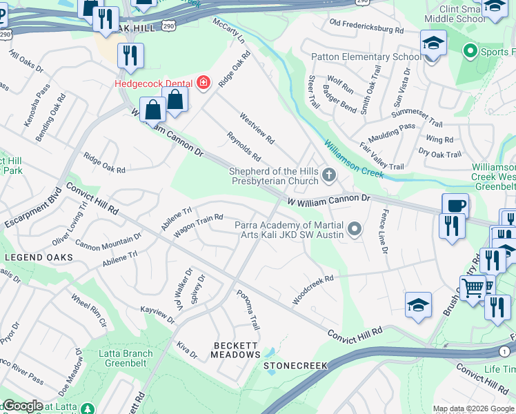 map of restaurants, bars, coffee shops, grocery stores, and more near 5504 Abilene Trail in Austin