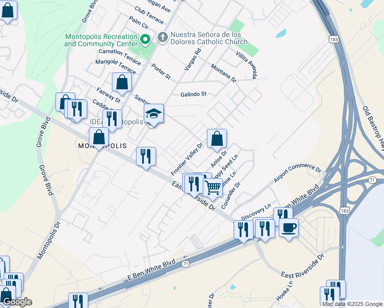 map of restaurants, bars, coffee shops, grocery stores, and more near 1600 Frontier Valley Drive in Austin
