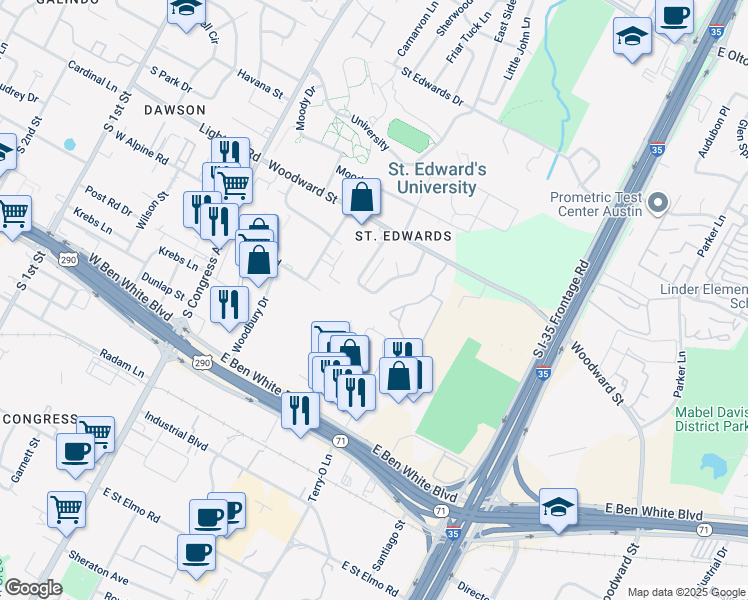 map of restaurants, bars, coffee shops, grocery stores, and more near 3446 Willowrun Drive in Austin