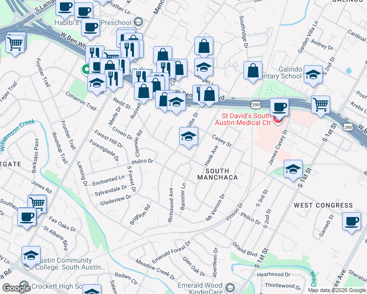 map of restaurants, bars, coffee shops, grocery stores, and more near 4422 Gillis Street in Austin