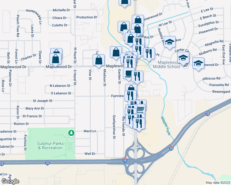 map of restaurants, bars, coffee shops, grocery stores, and more near 116 Garden St in Sulphur