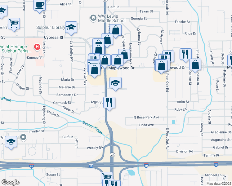 map of restaurants, bars, coffee shops, grocery stores, and more near 1634 Beglis Parkway in Sulphur