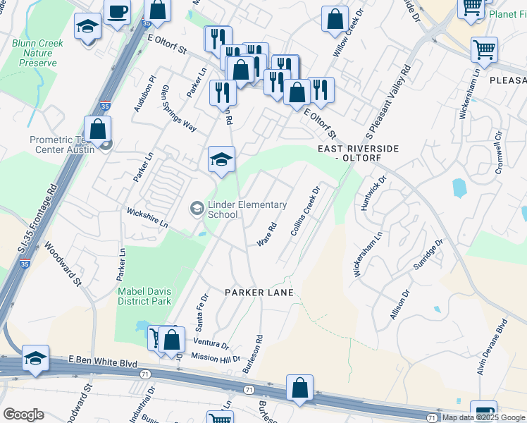 map of restaurants, bars, coffee shops, grocery stores, and more near 2607 Princeton Drive in Austin