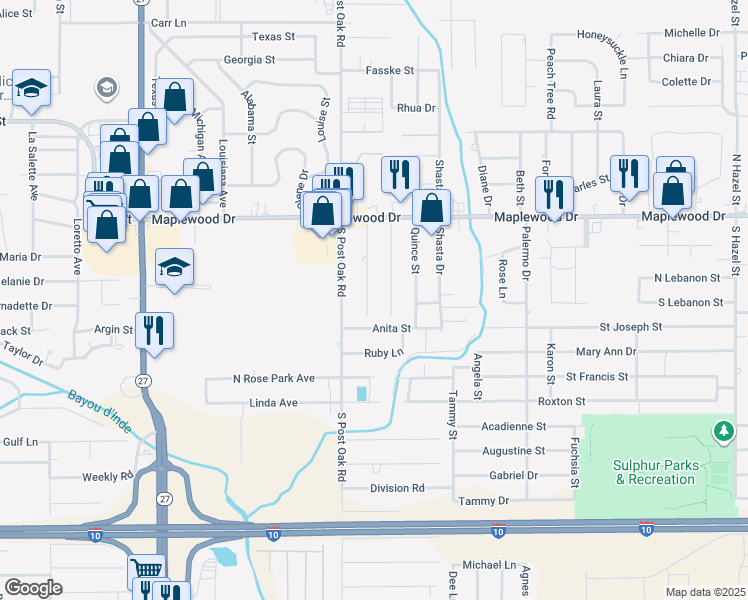 map of restaurants, bars, coffee shops, grocery stores, and more near 1516 Chestnut Street in Sulphur
