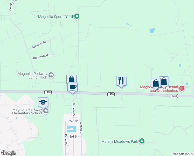 map of restaurants, bars, coffee shops, grocery stores, and more near 210 Creekside Drive in Magnolia