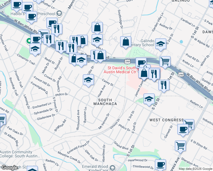 map of restaurants, bars, coffee shops, grocery stores, and more near 4405 Hank Avenue in Austin