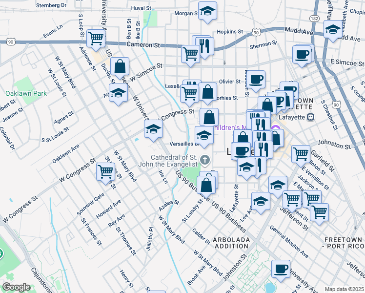 map of restaurants, bars, coffee shops, grocery stores, and more near 211 Versailles Boulevard in Lafayette