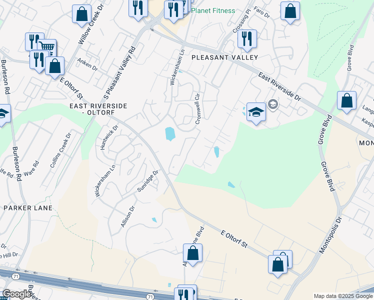 map of restaurants, bars, coffee shops, grocery stores, and more near 4900 East Oltorf Street in Austin