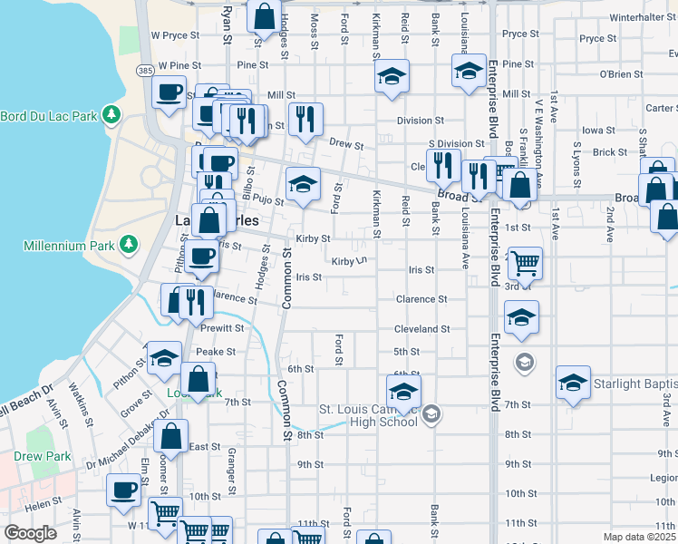 map of restaurants, bars, coffee shops, grocery stores, and more near 705 Iris Street in Lake Charles