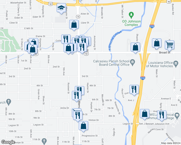 map of restaurants, bars, coffee shops, grocery stores, and more near 1004 Highway 14 in Lake Charles