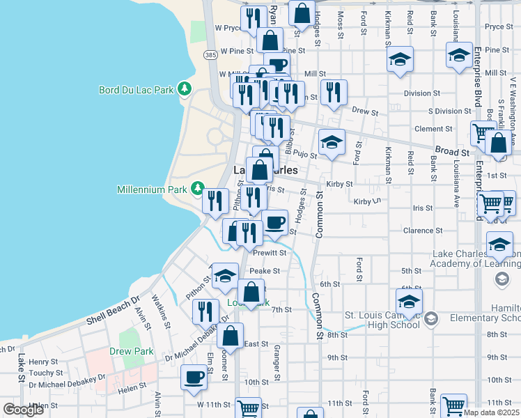 map of restaurants, bars, coffee shops, grocery stores, and more near 1035 Ryan Street in Lake Charles
