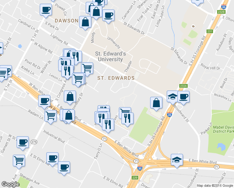 map of restaurants, bars, coffee shops, grocery stores, and more near 3449 Willowrun Drive in Austin