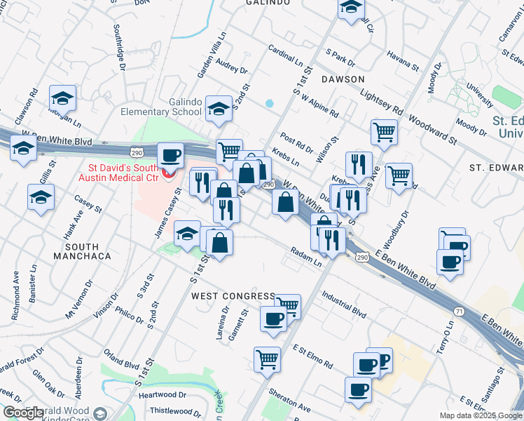 map of restaurants, bars, coffee shops, grocery stores, and more near 429 West Ben White Boulevard in Austin