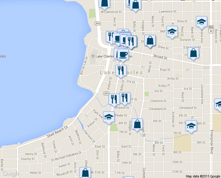 map of restaurants, bars, coffee shops, grocery stores, and more near 1117 Pithon Street in Lake Charles
