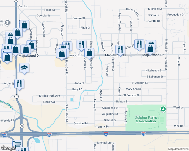 map of restaurants, bars, coffee shops, grocery stores, and more near 1518 Shasta St in Sulphur
