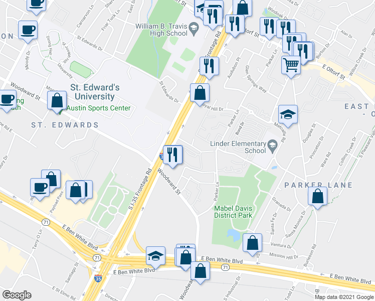 map of restaurants, bars, coffee shops, grocery stores, and more near 3209 South Interstate 35 Frontage Road in Austin